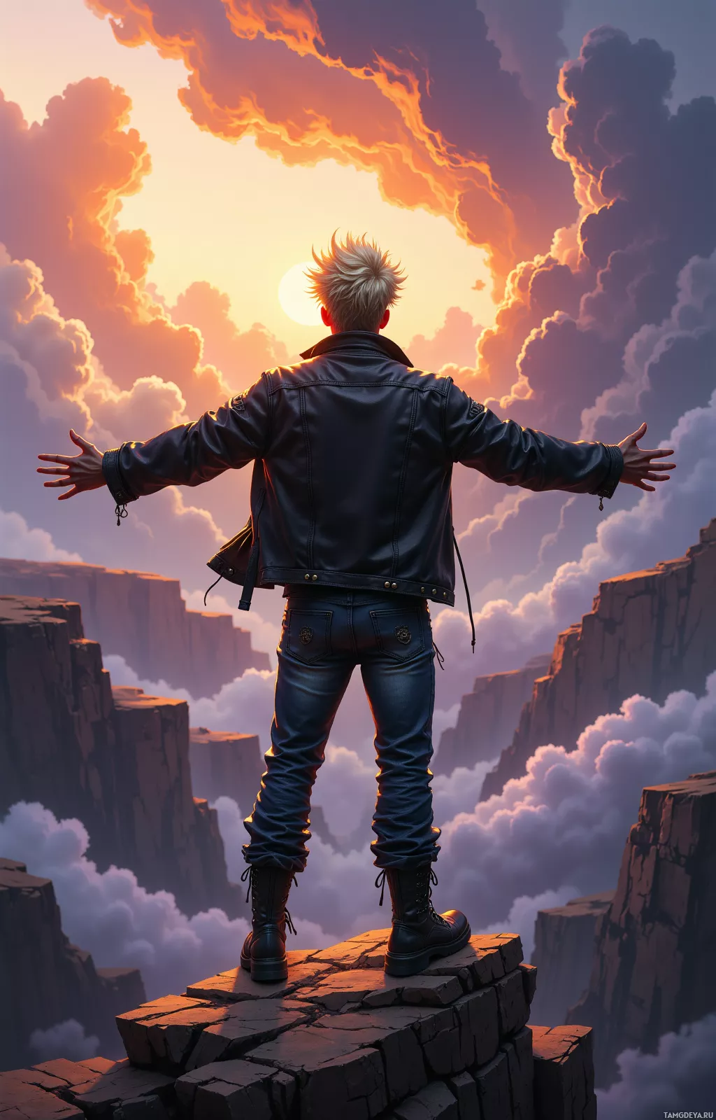 A person in a leather jacket stands with arms outstretched on a cliff edge, facing a vibrant sunset.