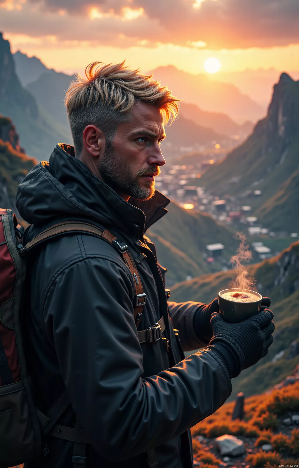 A man in a jacket and gloves holds a steaming cup, gazing over a mountainous landscape at sunset.