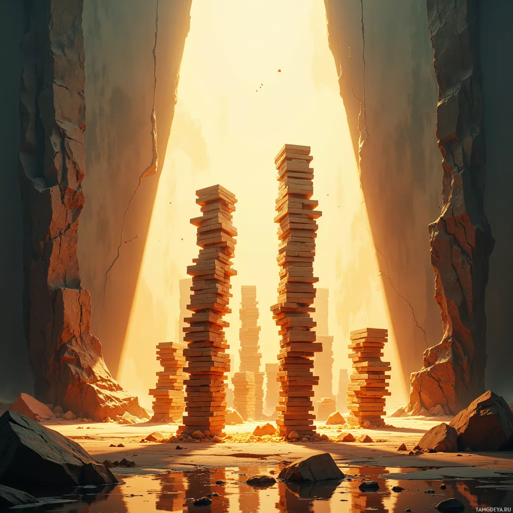 A serene scene of stacked wooden blocks in a rocky canyon illuminated by warm sunlight.