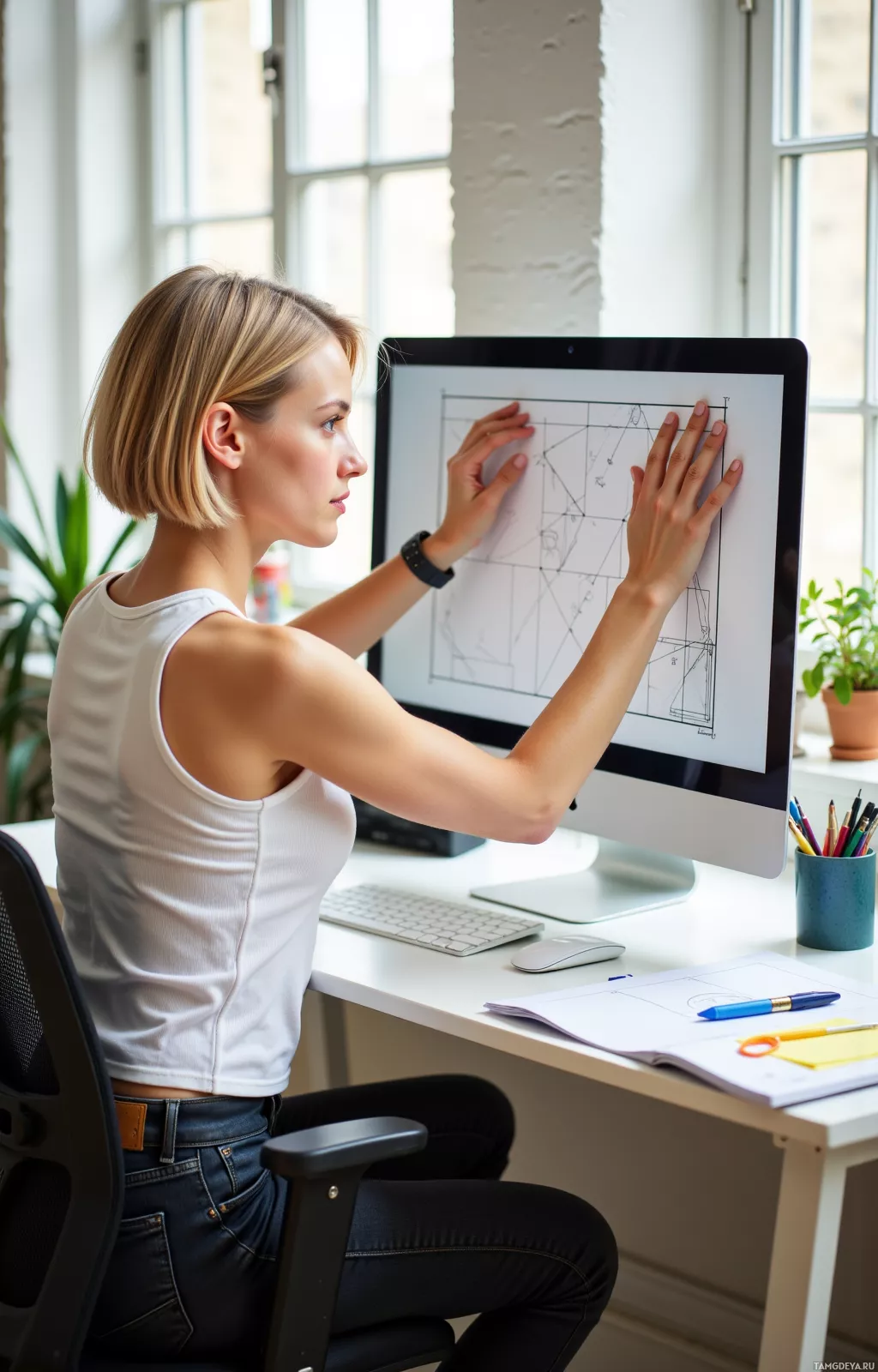 A person is working at a desk, interacting with a computer screen displaying a geometric diagram.