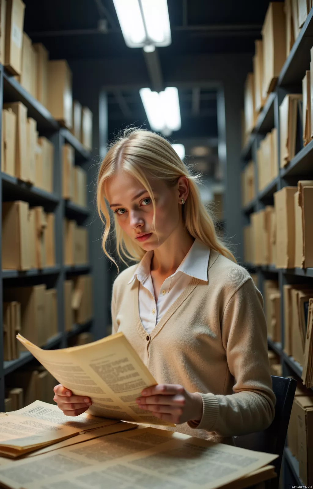 A person is reading a book in a library with shelves of books in the background.
