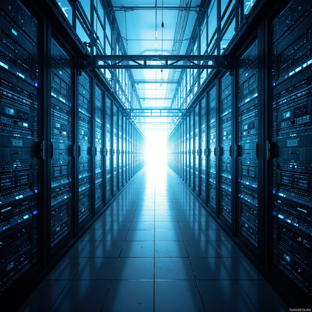 A long corridor lined with server racks in a data center.