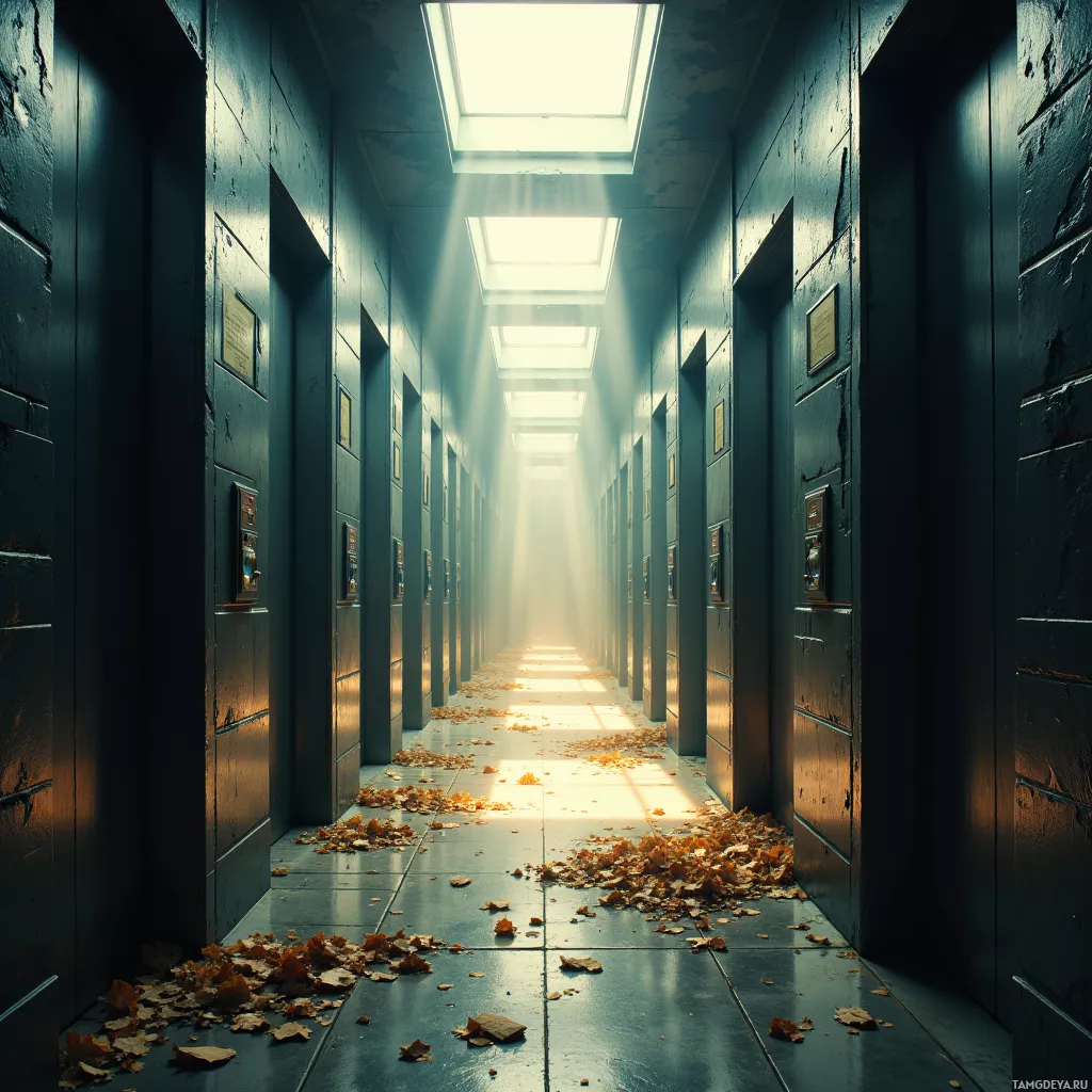A dimly lit corridor with sunlight streaming through a skylight, casting shadows and illuminating fallen leaves on the floor.