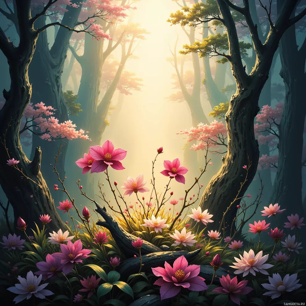 A serene forest scene with tall trees, pink flowers, and sunlight filtering through the branches.
