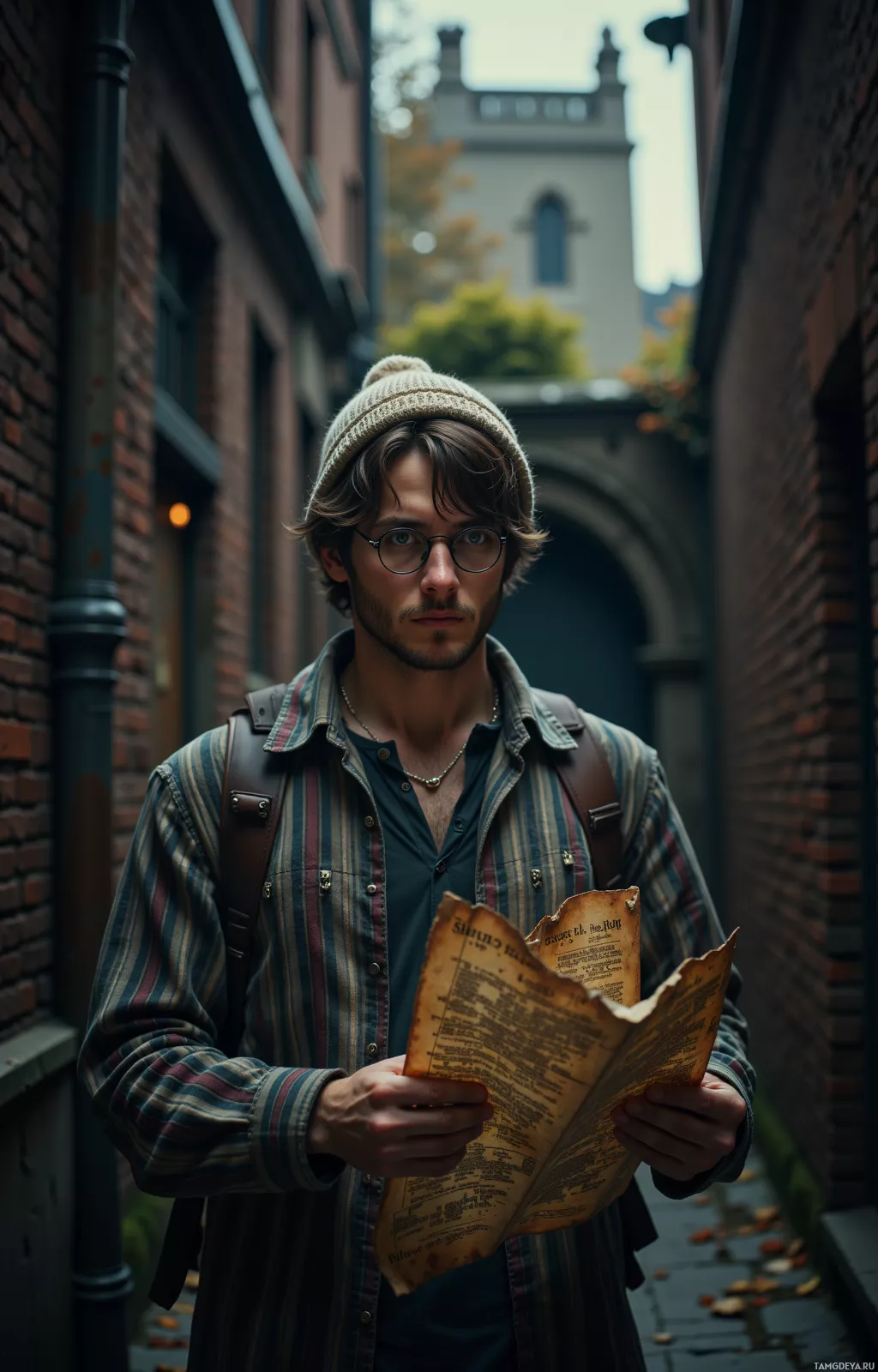 A man in a striped shirt and beanie stands in an alley, holding an old book.