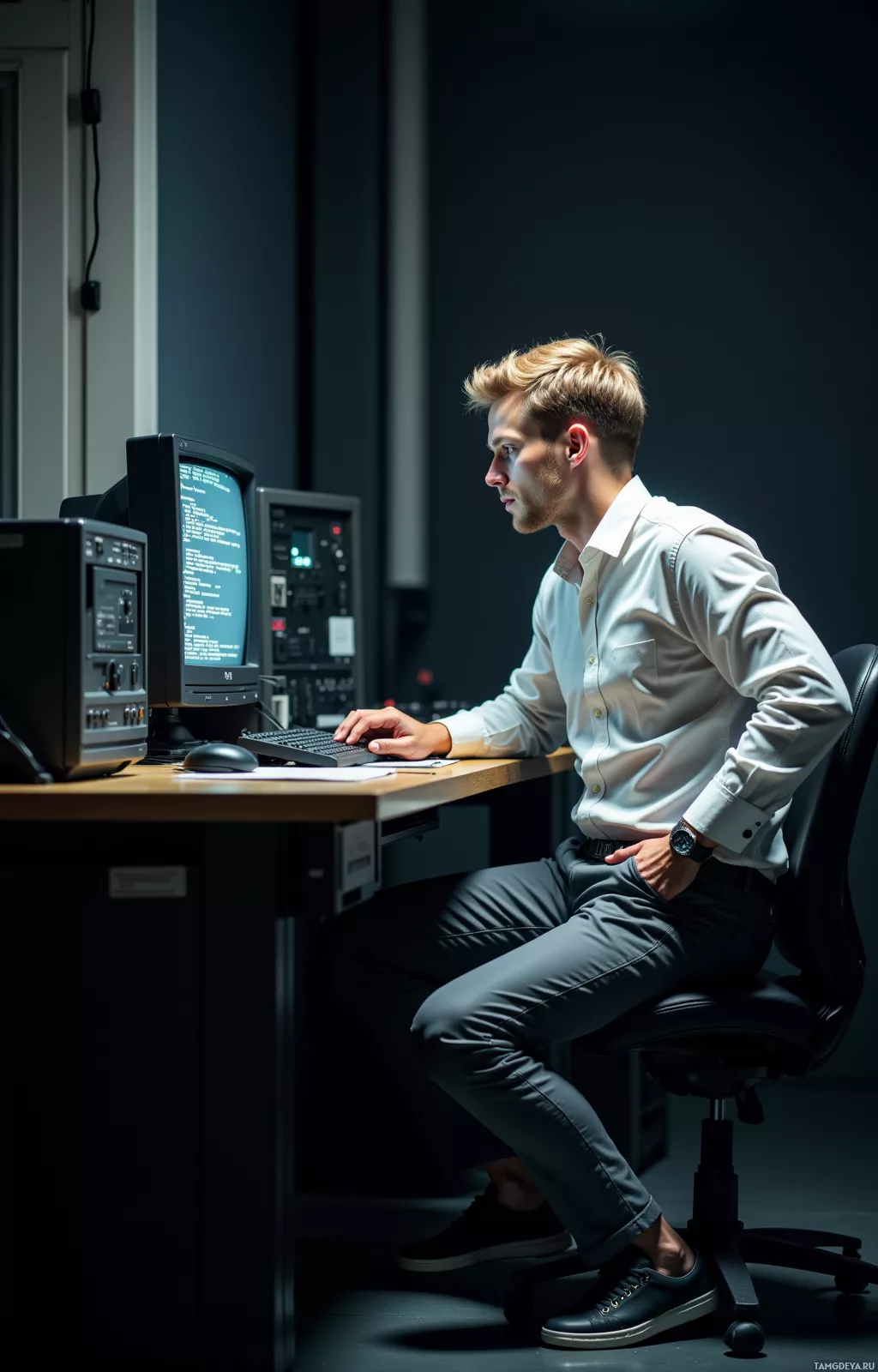 A person is seated at a desk working on a computer in a dimly lit room.
