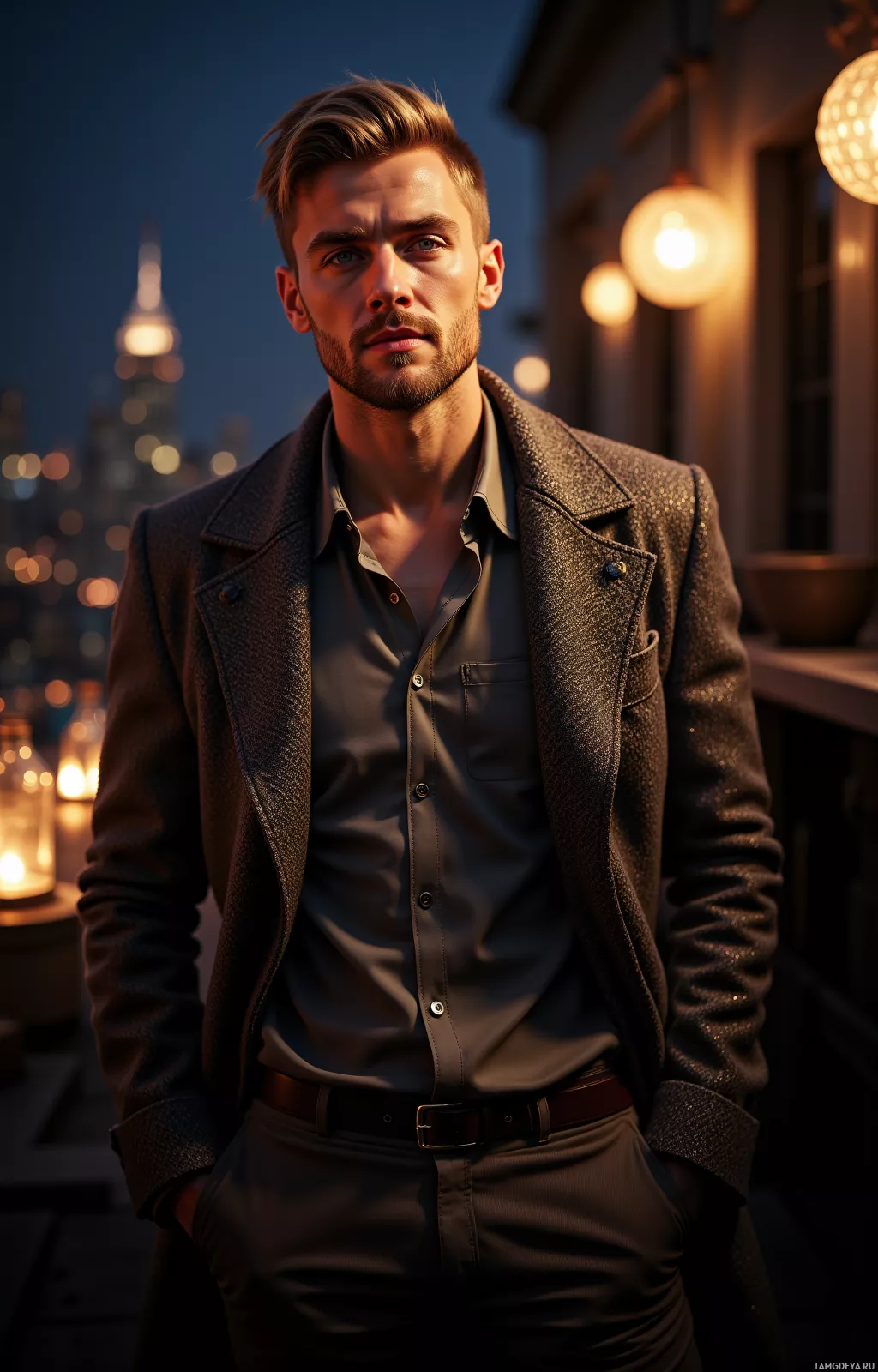 A man in a stylish coat and shirt stands outdoors at night, with a cityscape and warm lights in the background.