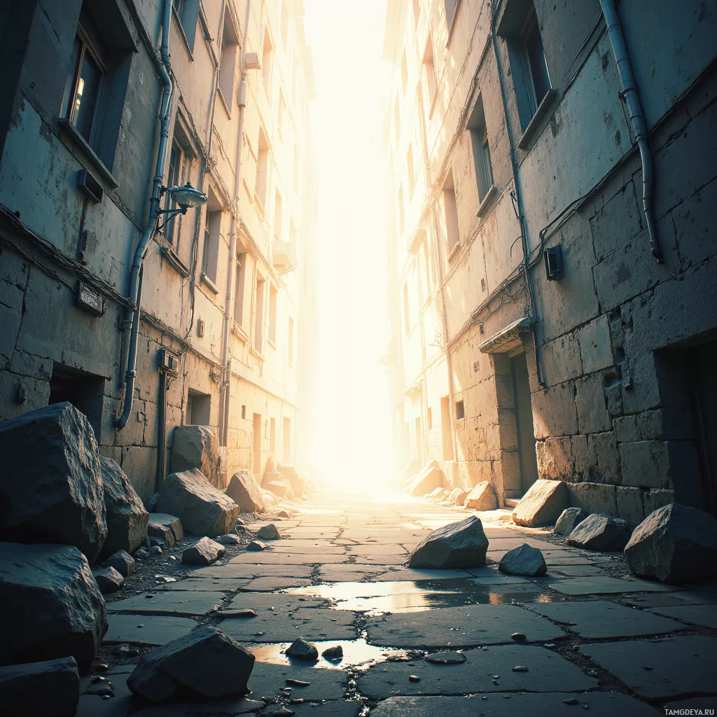 A sunlit alleyway with old buildings and scattered rocks.