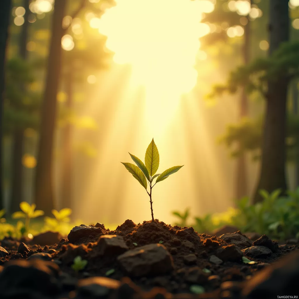 A small plant sprouts from soil in a forest with sunlight filtering through the trees.