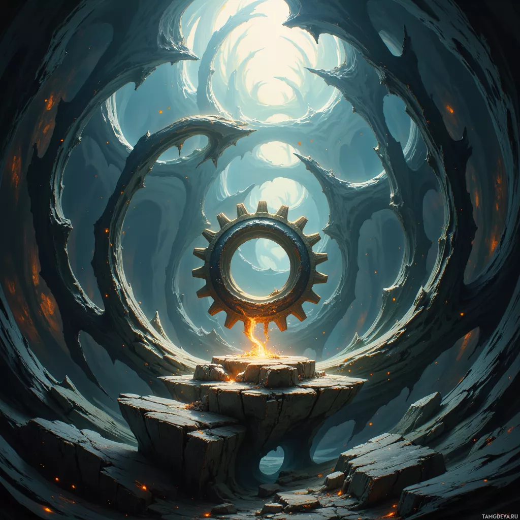 A surreal, spiraling tunnel with a glowing gear at its center.