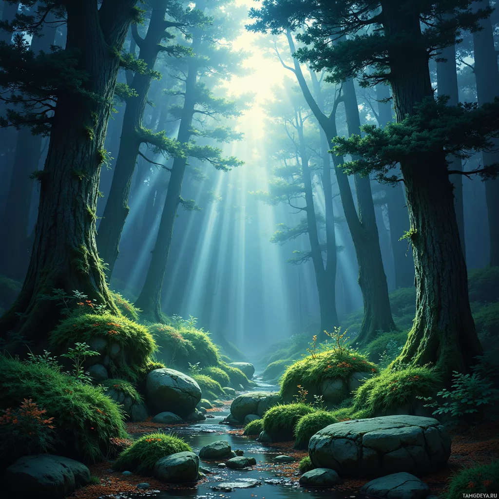 A serene forest scene with sunlight filtering through tall trees, casting beams of light onto a mossy riverbank.
