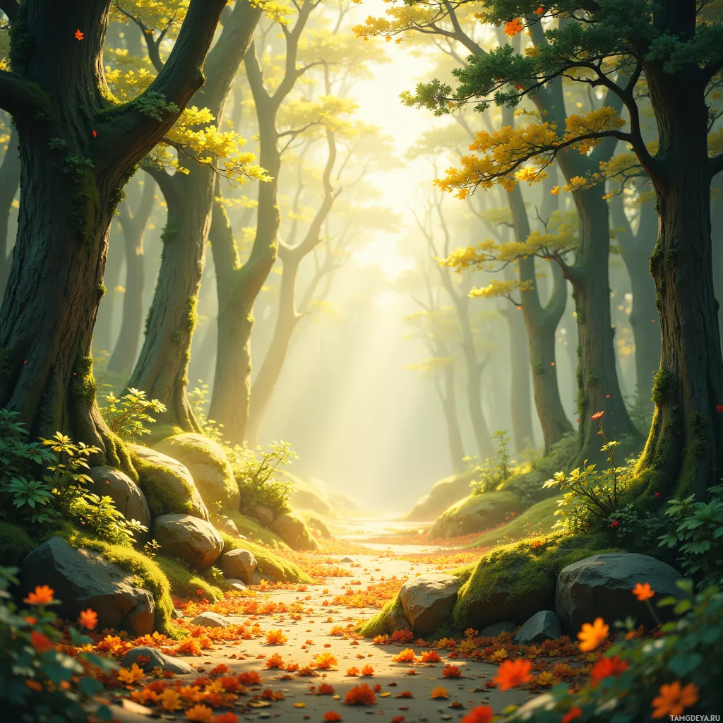 A serene forest scene with sunlight filtering through trees, creating a peaceful and magical atmosphere.
