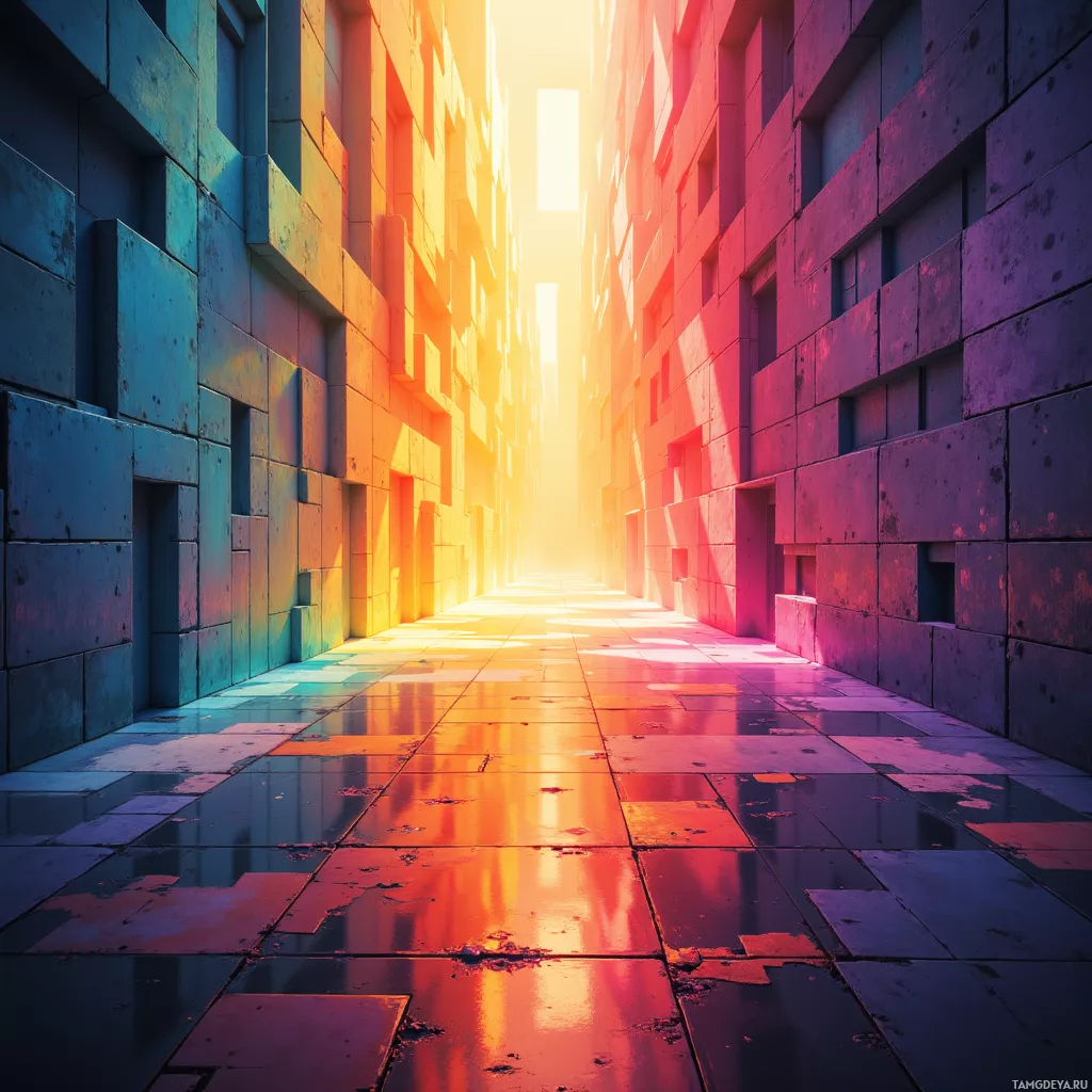 A vibrant, abstract corridor with colorful walls and a glowing light at the end.