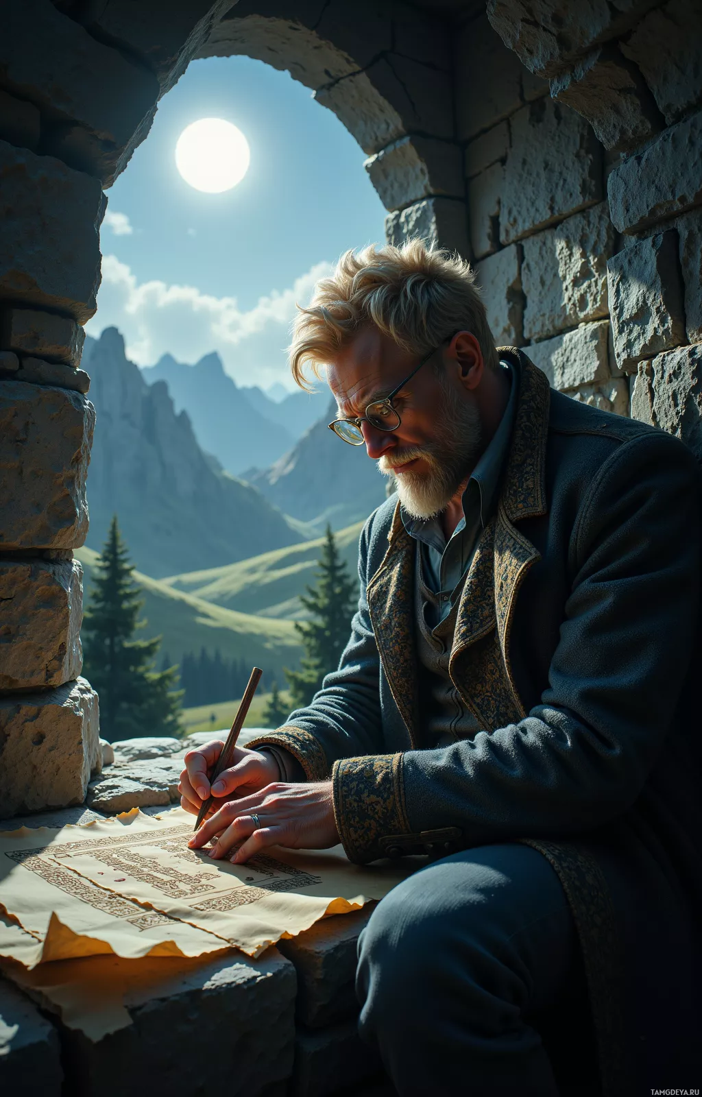 A man sits in a stone alcove, writing on a piece of parchment with a quill, surrounded by a scenic mountain landscape.