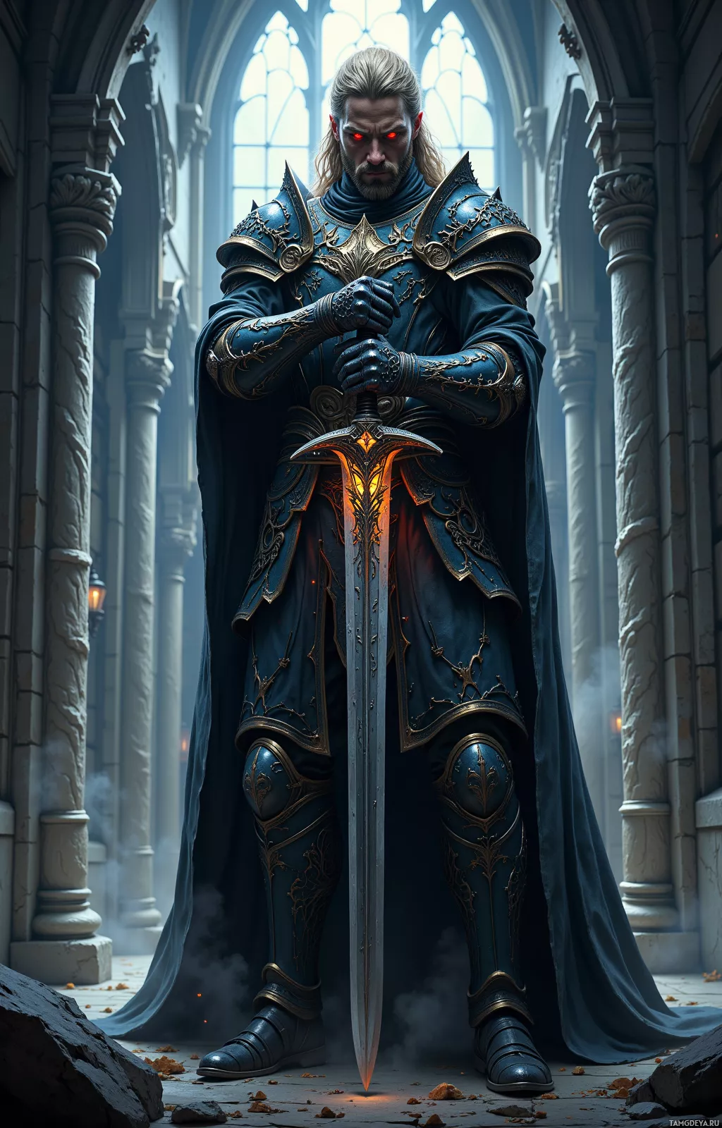 A knight in ornate blue armor stands in a dimly lit cathedral, holding a glowing sword.