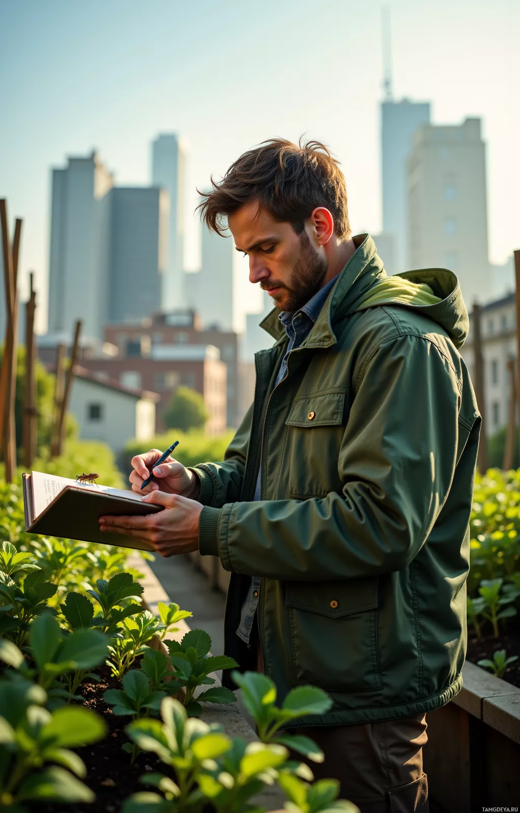 A man in a green jacket writes in a notebook while standing in a garden with a city skyline in the background.