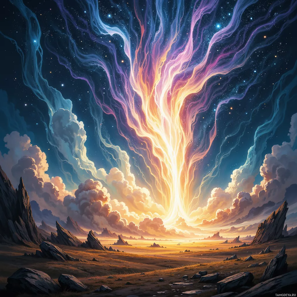 A vibrant, cosmic landscape featuring a glowing, ethereal tree-like structure reaching towards the starry sky.