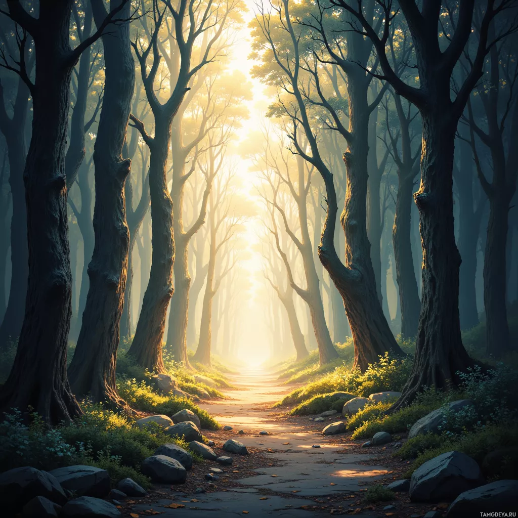 A serene forest path bathed in golden sunlight filtering through tall trees.