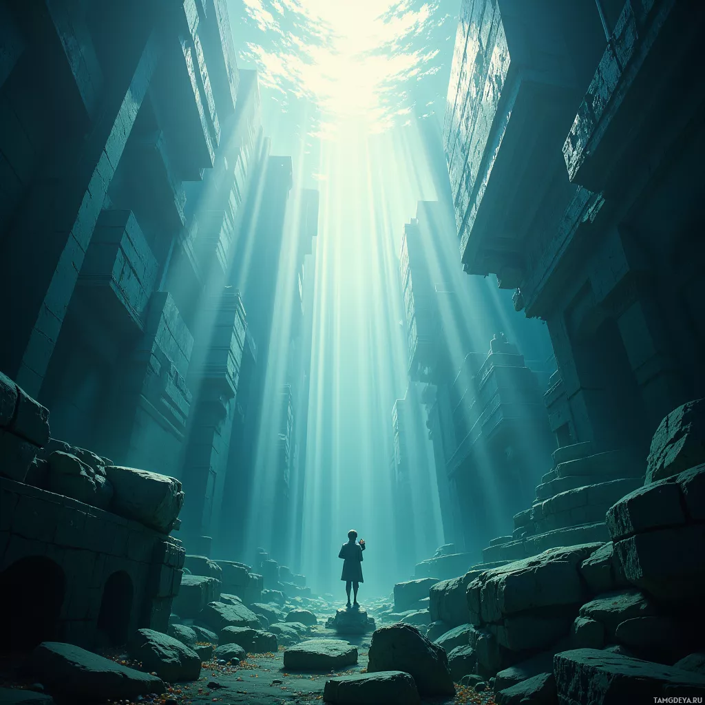 A lone figure stands amidst ancient ruins bathed in ethereal light.