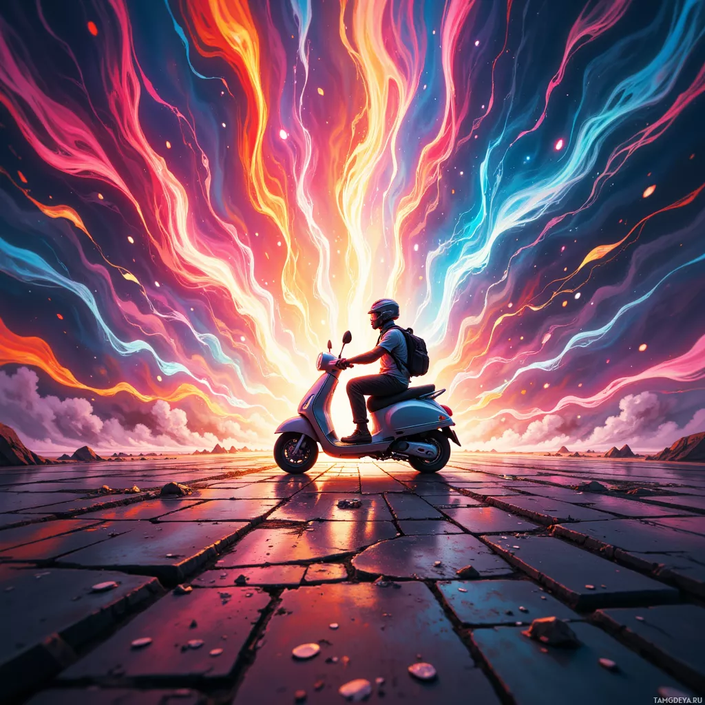 A person rides a scooter on a cracked pavement under a vibrant, colorful sky.
