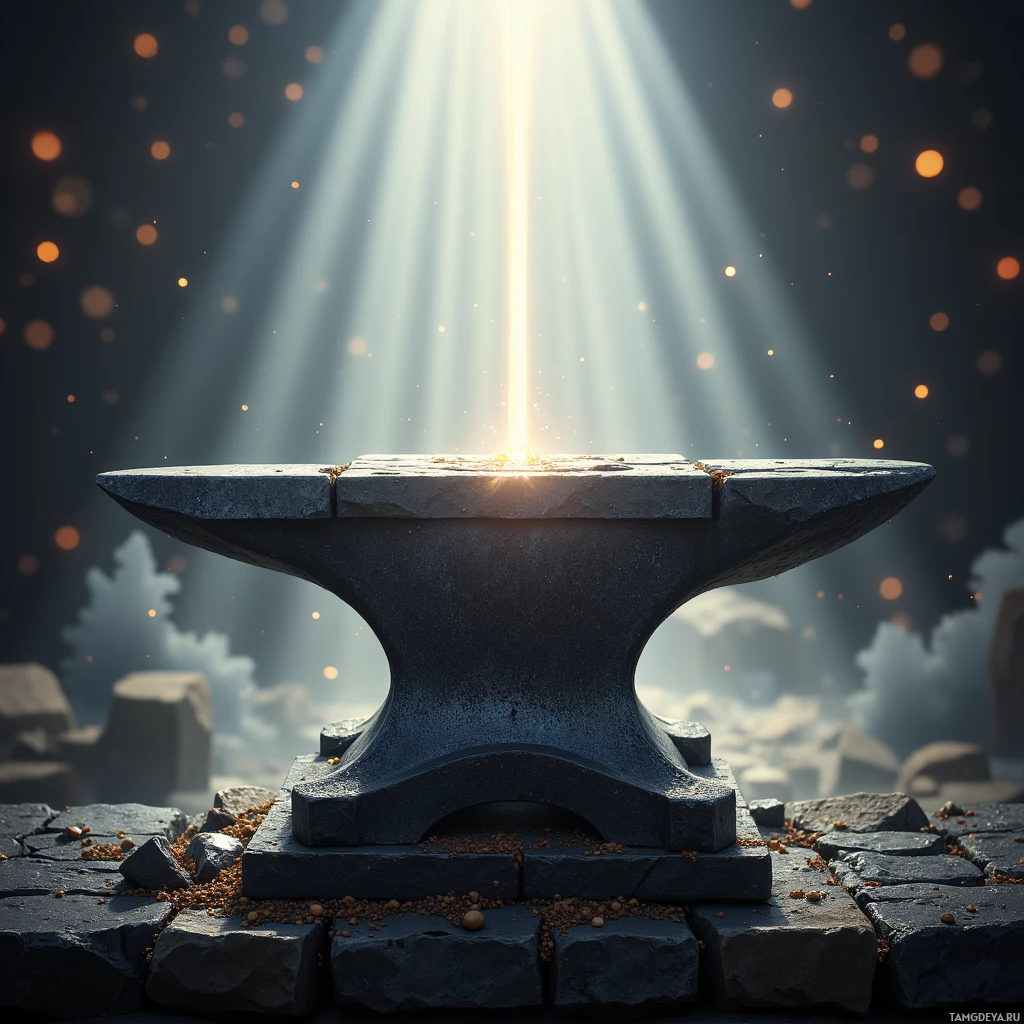 A glowing stone structure with beams of light radiating from its center, set against a dark, rocky background.