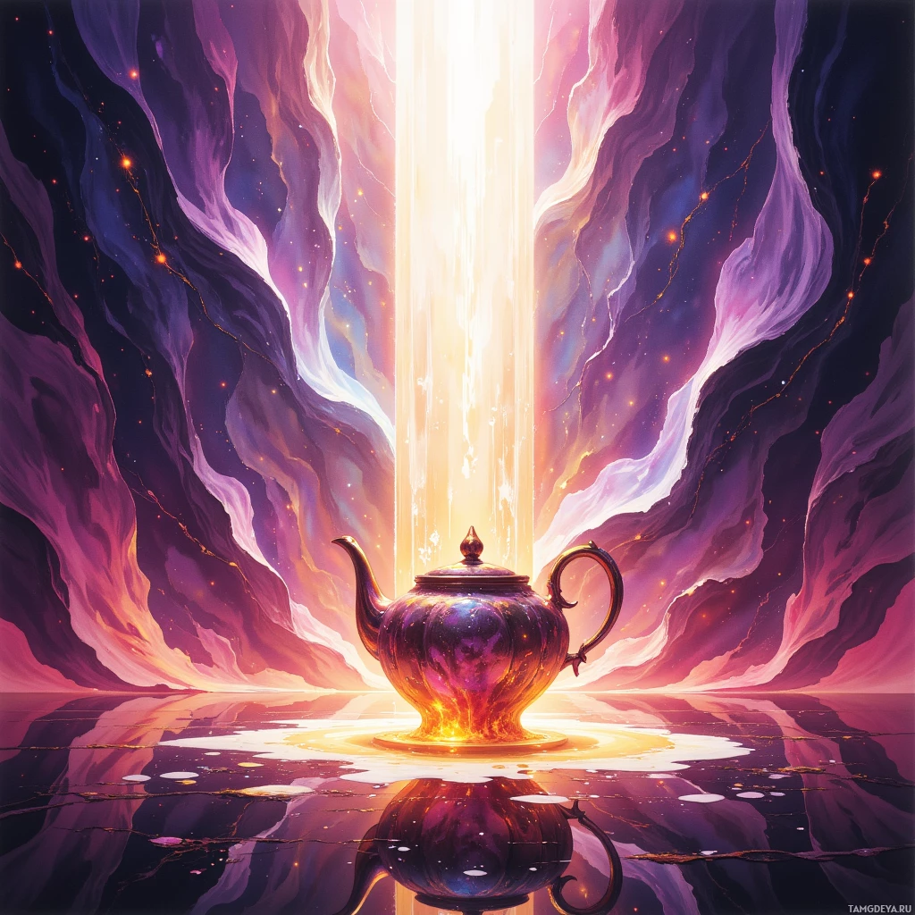 A glowing teapot sits on a reflective surface, surrounded by ethereal, colorful clouds and beams of light.