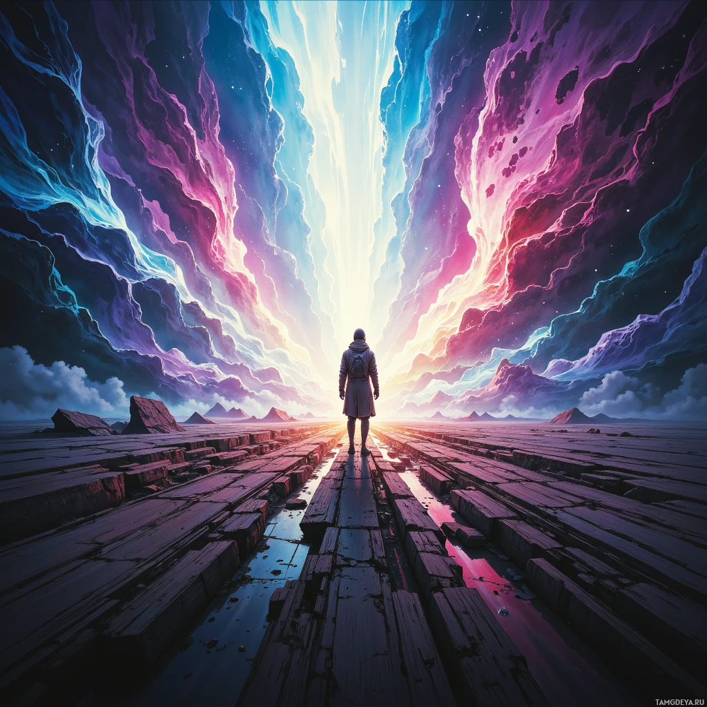 A lone figure stands at the edge of a vast, colorful cosmic landscape, gazing towards a radiant light source.