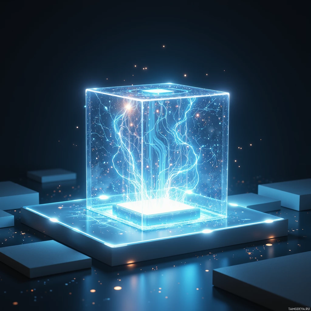 A glowing, transparent cube with intricate blue light patterns sits on a reflective surface.