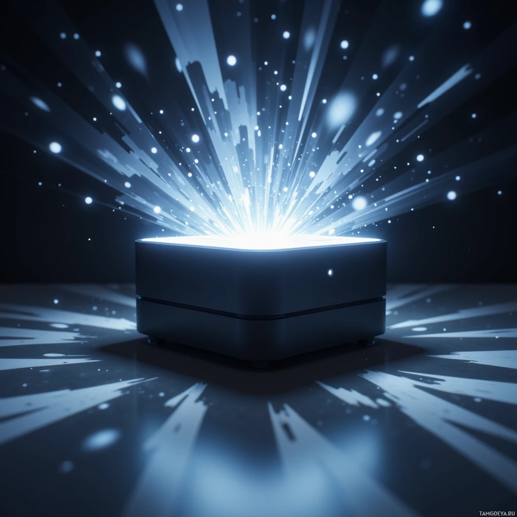 A glowing, futuristic device emits radiant light beams and sparkles against a dark background.