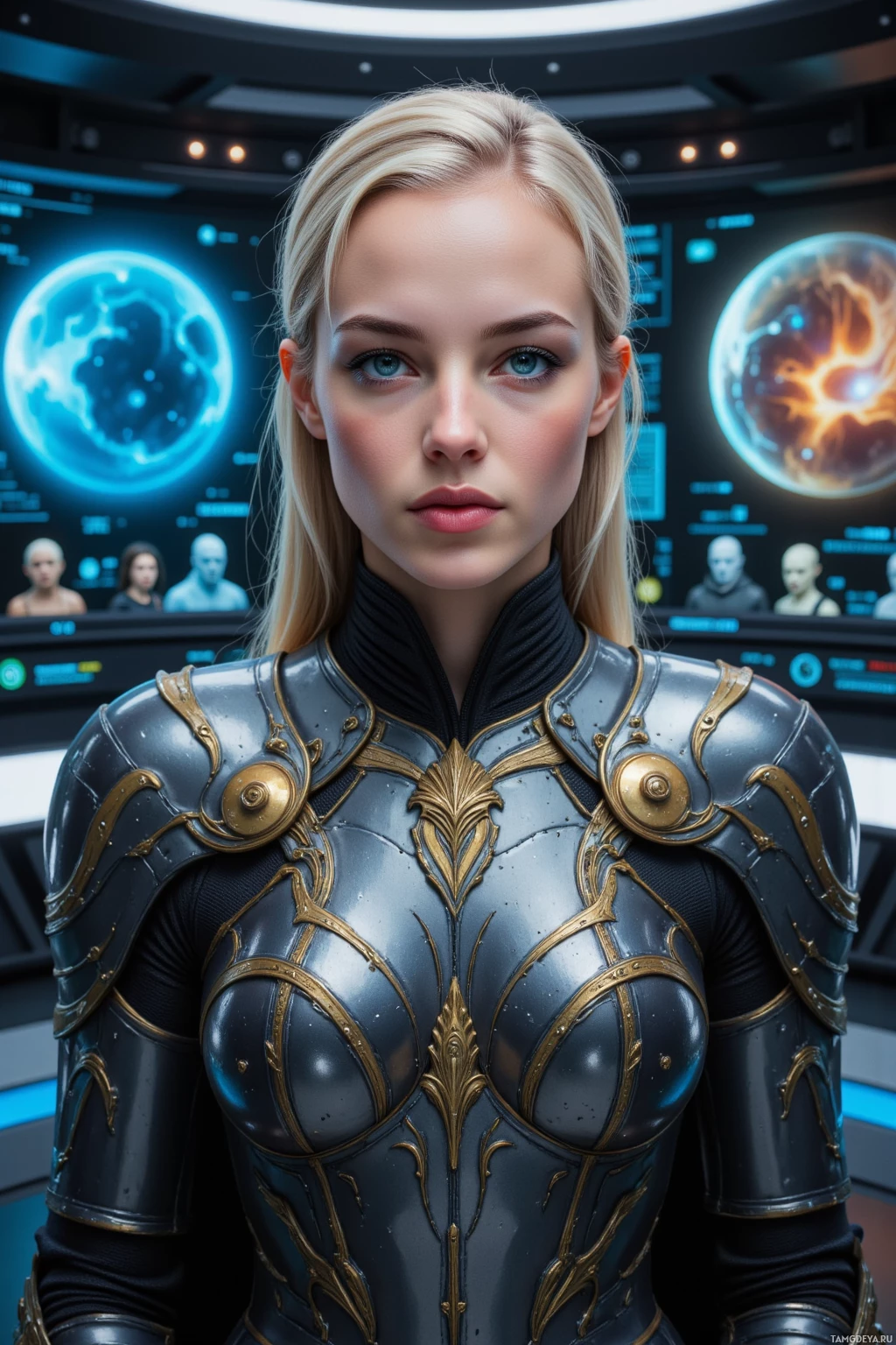 A woman in ornate, futuristic armor stands in a high-tech environment.