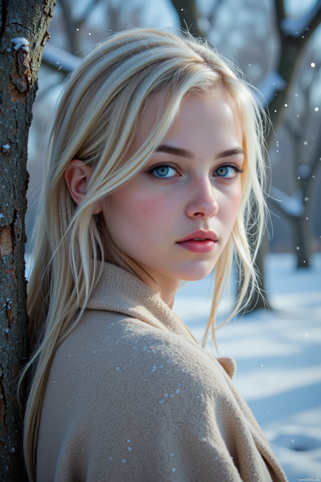 A young woman with long blonde hair stands outdoors in winter, wearing a beige coat, with snowflakes gently falling around her.