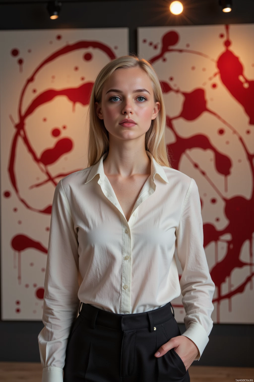 A woman stands in front of a wall with abstract red and white artwork, wearing a white blouse and black pants.