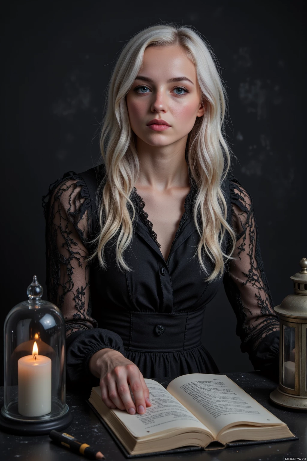 A woman with long blonde hair in a black dress sits at a table with an open book and a lit candle.