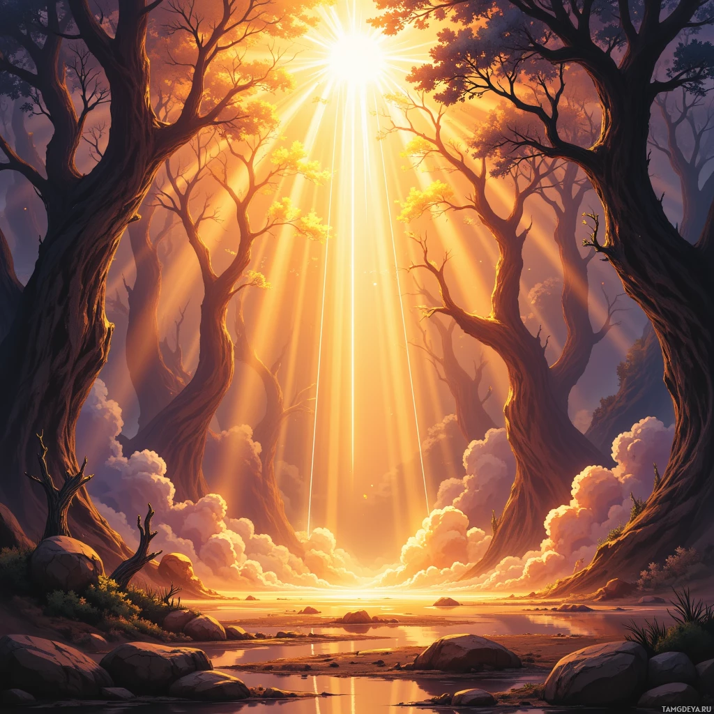 A serene landscape with sunbeams streaming through trees over a calm body of water.