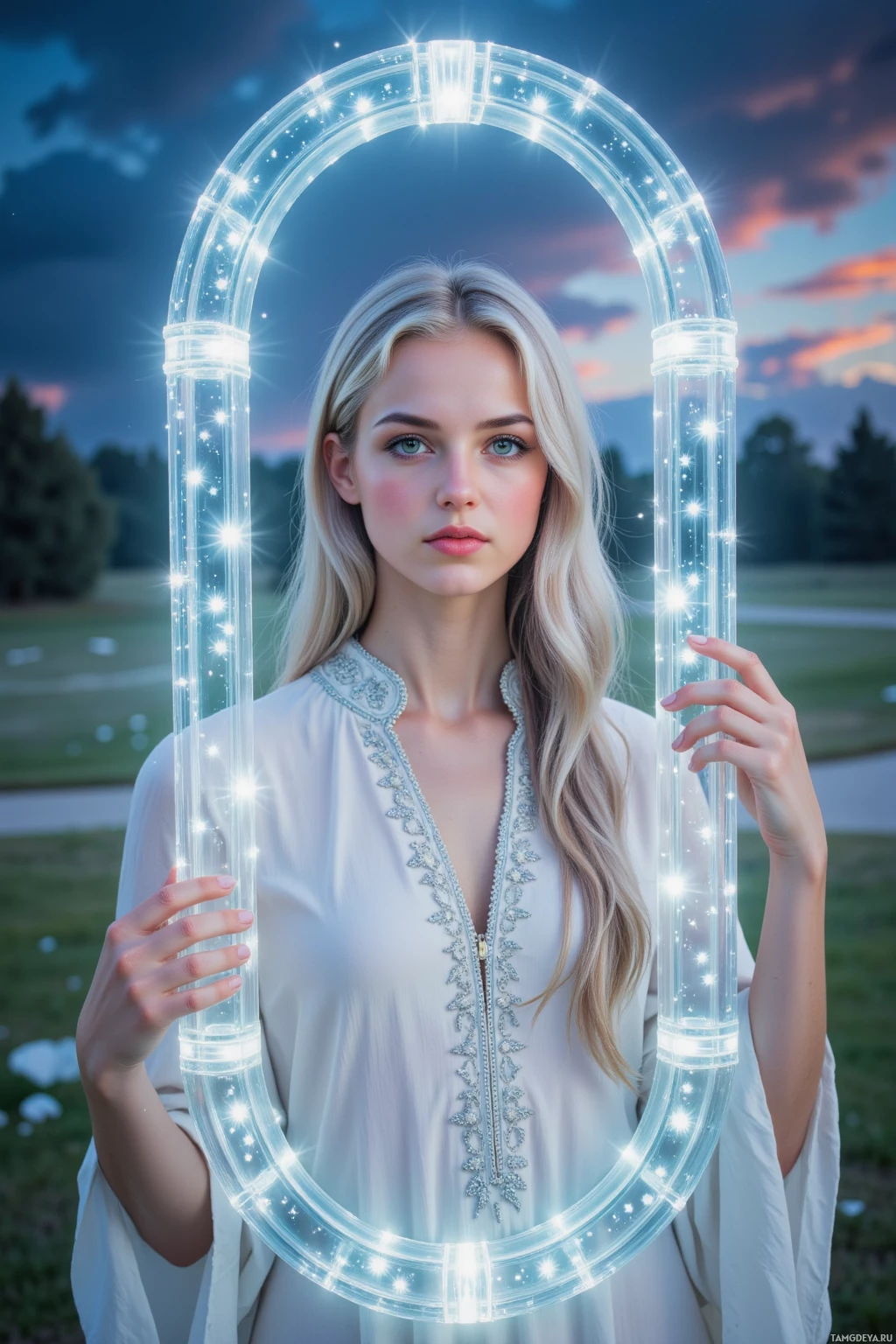 A person stands outdoors holding a glowing, circular light structure.