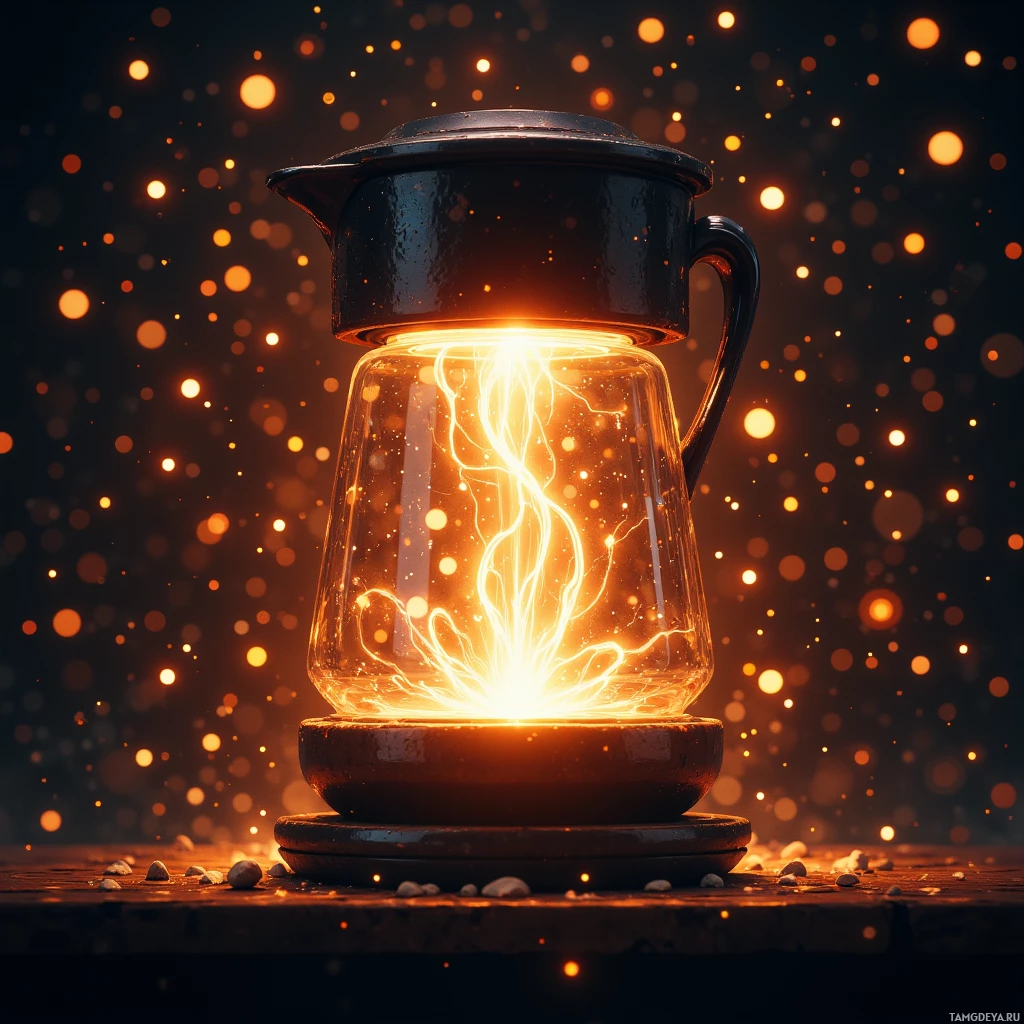 A glowing lantern with a bright, electric-like light inside, set against a dark background with sparkling particles.