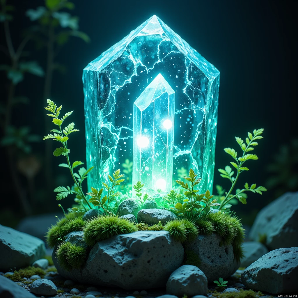 A glowing crystal surrounded by greenery and rocks in a dark, mystical setting.