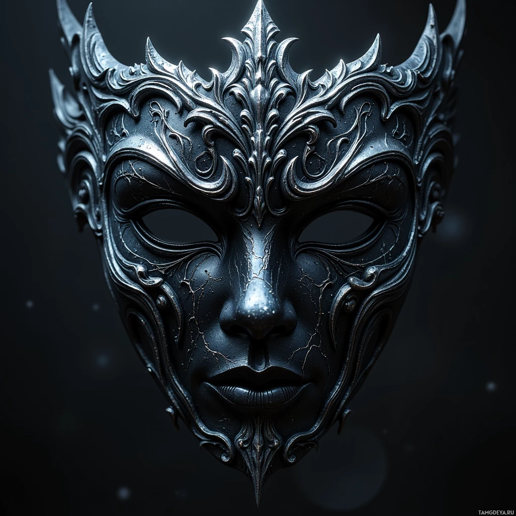 A dark, ornate mask with intricate designs and a pointed chin.