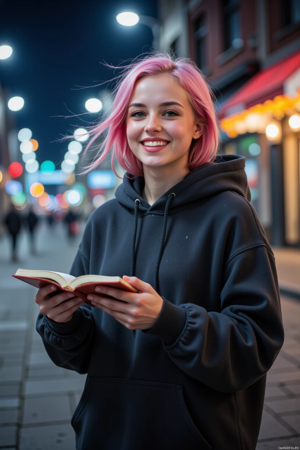A person with pink hair wearing a black hoodie stands on a street at night, holding an open book.