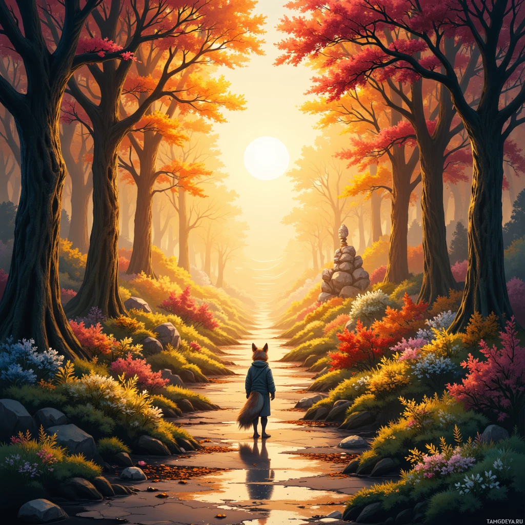 A serene autumn forest scene with a person walking down a path lined by colorful trees and vibrant foliage.