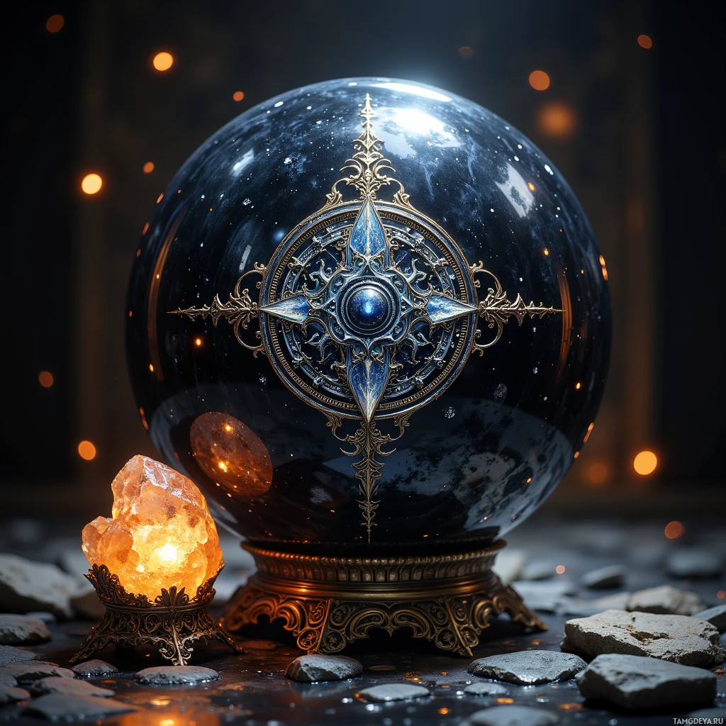 A glowing crystal ball with intricate designs sits atop a ornate stand, surrounded by glowing embers and rocks.