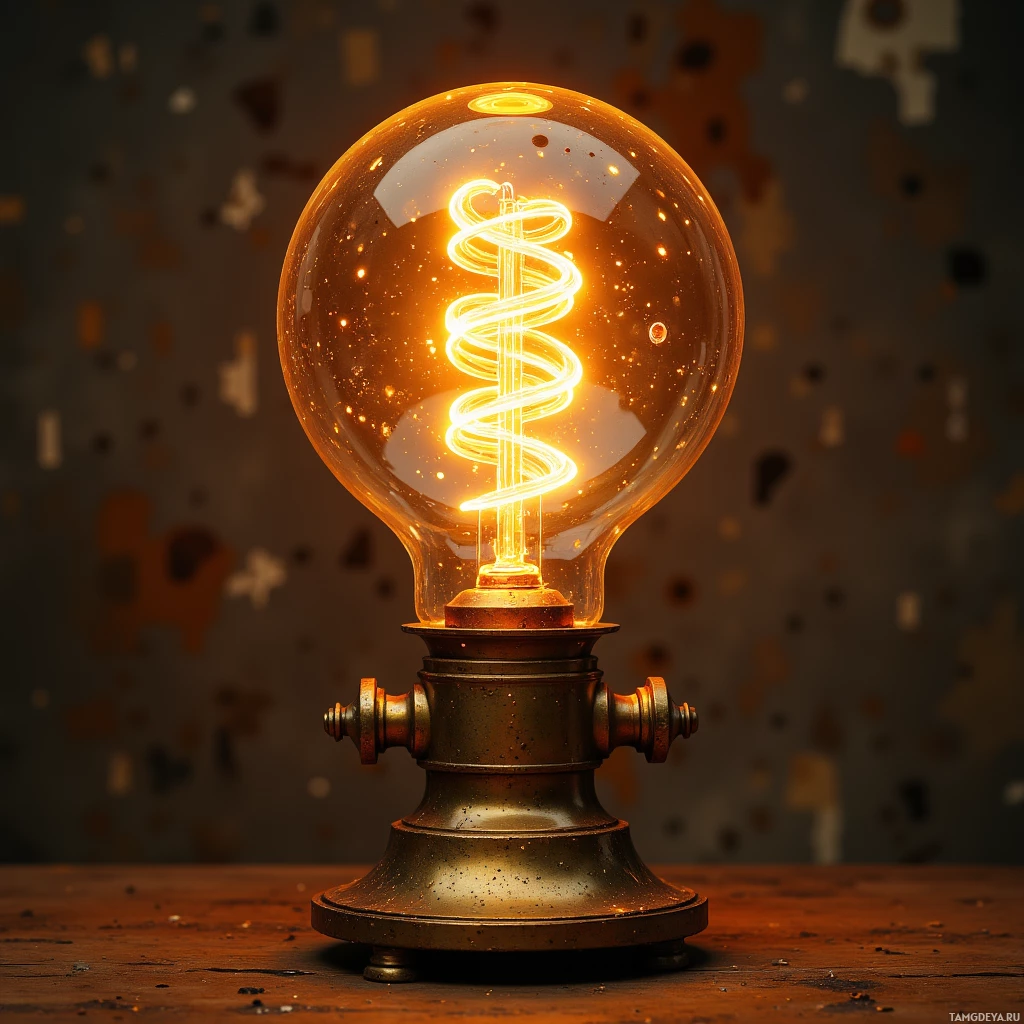 A glowing spiral filament bulb is mounted on a brass base, casting a warm light on a textured wooden surface.