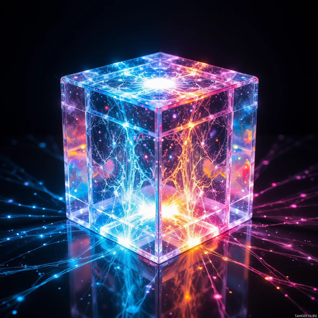 A glowing, transparent cube with intricate, colorful light patterns inside, set against a dark background.