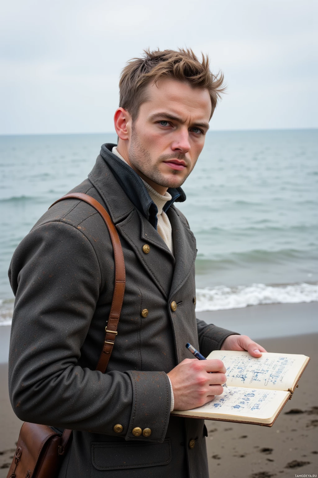 A man in a coat stands on a beach, holding a notebook and pen.