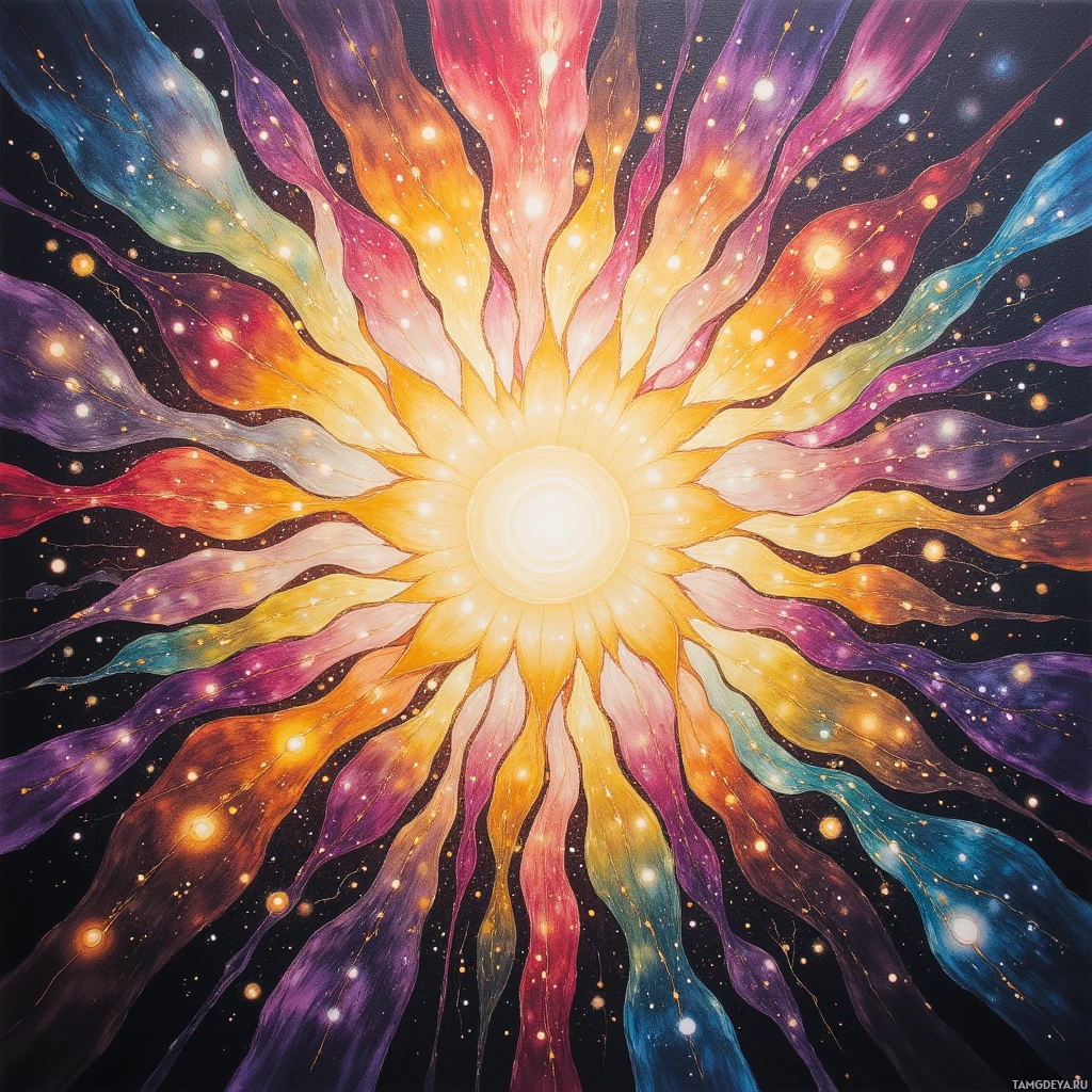 A vibrant, abstract painting featuring a radiant burst of colors emanating from a central light source against a dark background.