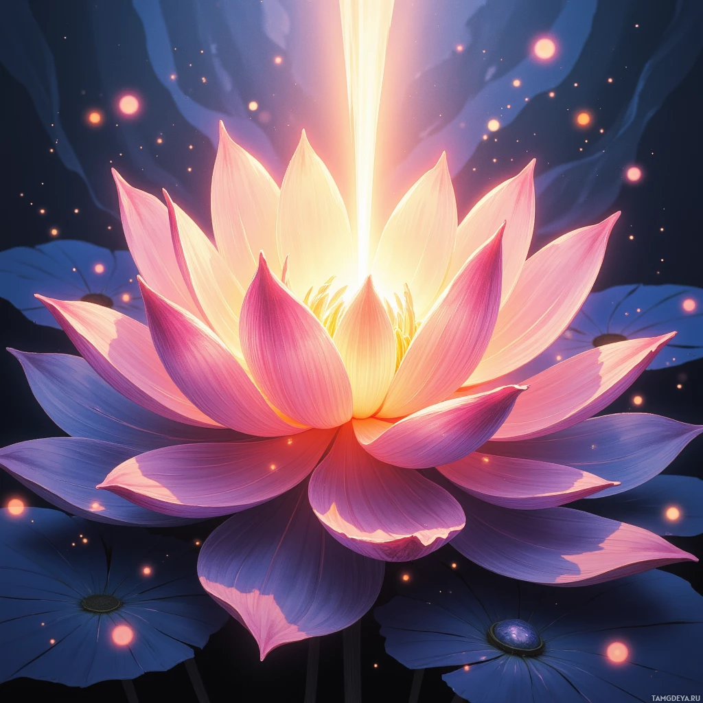 A vibrant pink lotus flower with glowing petals and a radiant light beam at its center, surrounded by dark blue leaves and small glowing particles.