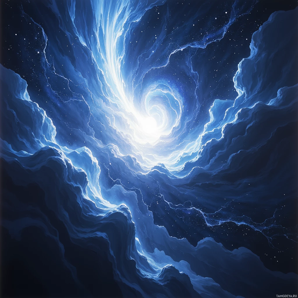 A swirling cosmic scene with blue and white hues and star-like specks against a dark background.