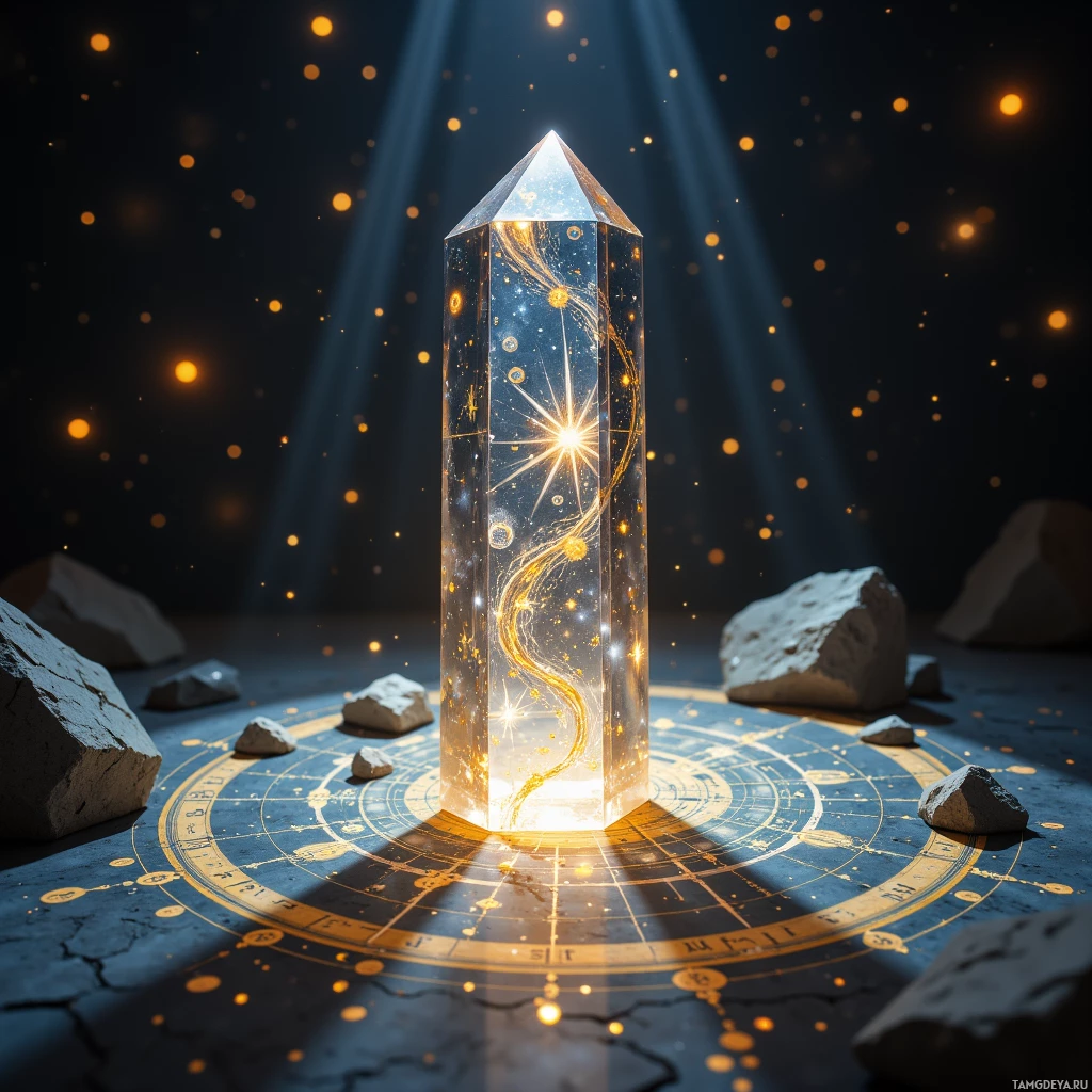 A glowing crystal obelisk sits atop a mystical map surrounded by glowing particles and rocks.