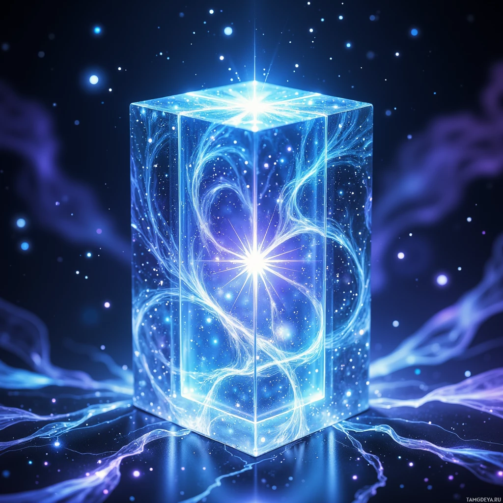 A glowing, transparent cube emits a radiant blue light with intricate, swirling patterns against a starry, dark background.