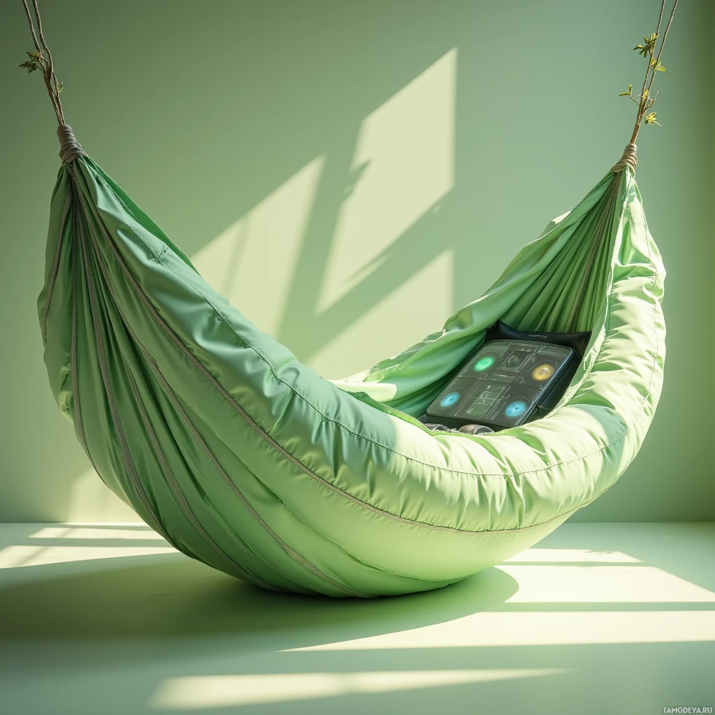 A green hammock with a tablet resting inside hangs in a room with soft sunlight.